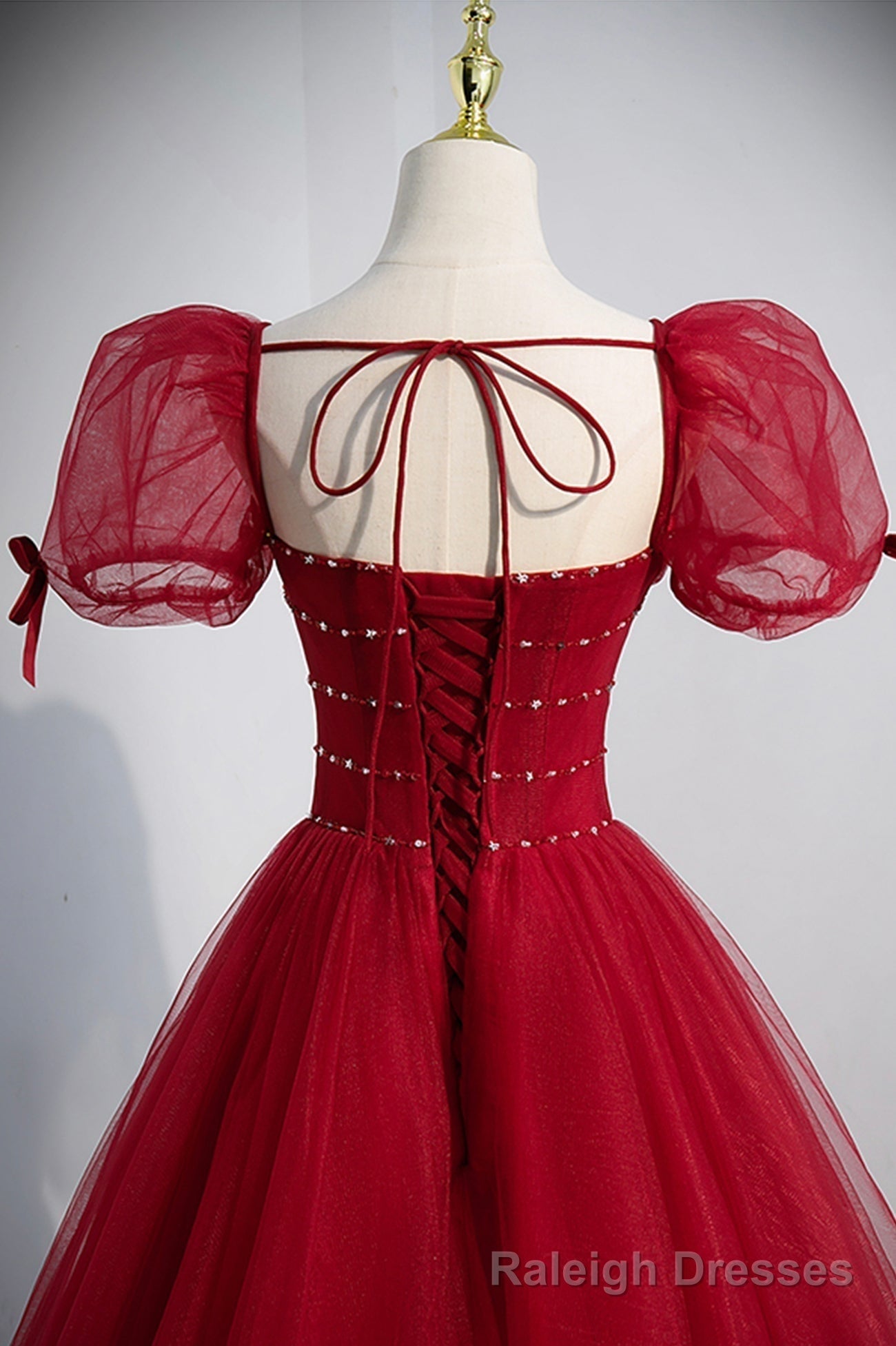 Red Tulle Floor Length Prom Prom Dress, Red Short Sleeve Graduation Dress