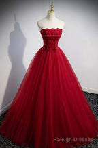 Red Tulle Floor Length Prom Prom Dress, Red Short Sleeve Graduation Dress
