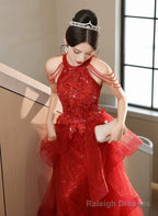 Red Tulle Halter A-line Long Evening Dress, Red Tulle Prom Dress Party Dress