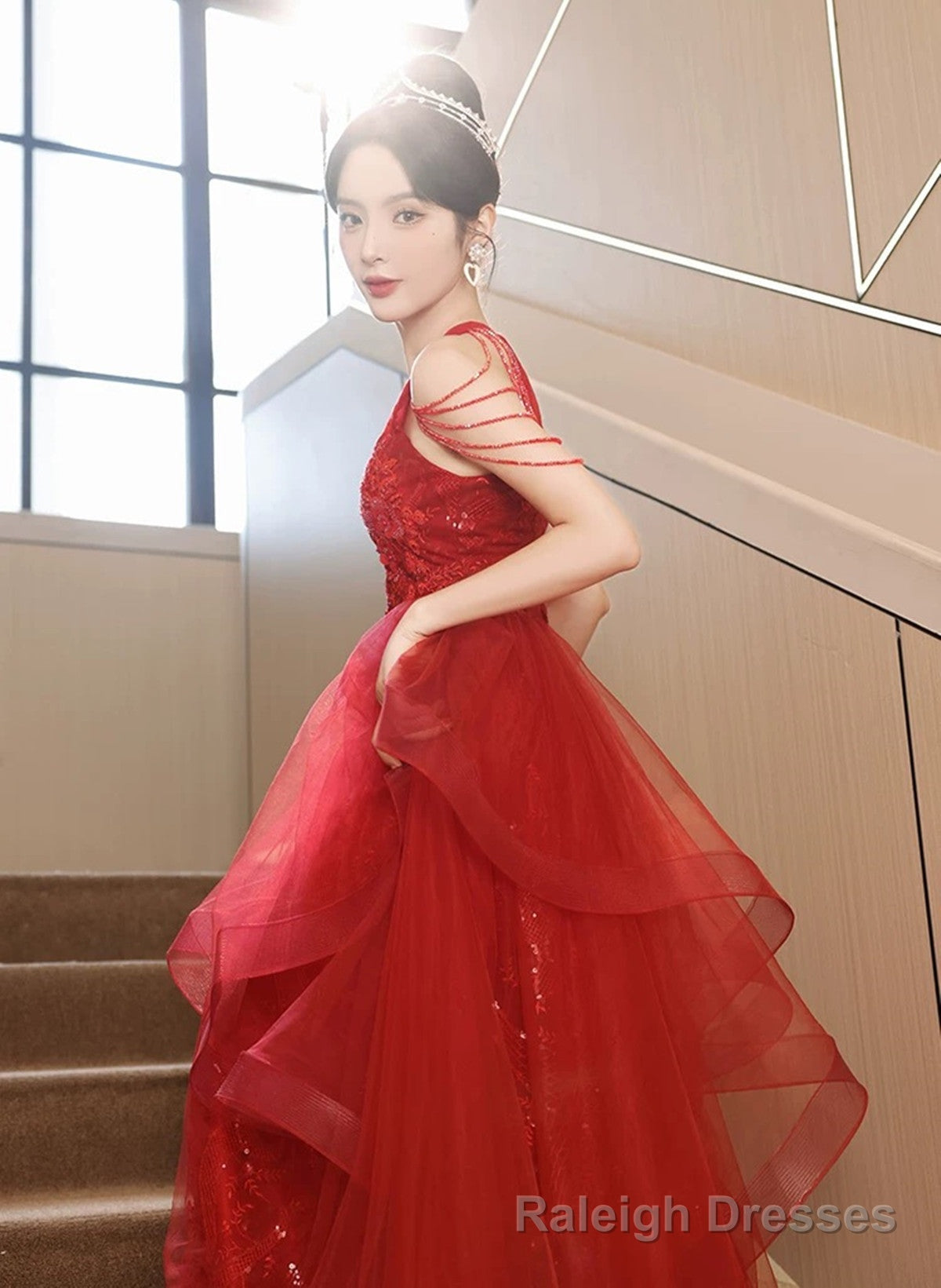 Red Tulle Halter A-line Long Evening Dress, Red Tulle Prom Dress Party Dress