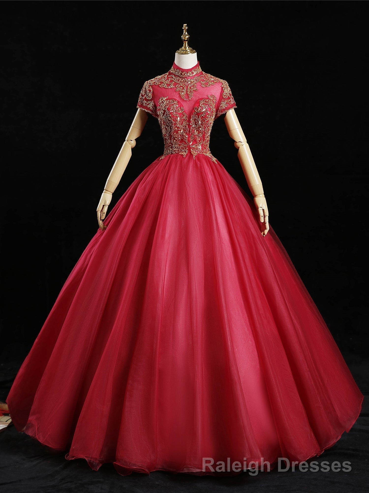 Red Tulle High Neck Cap Sleeve Beading Quinceanera Dress Main image