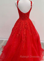 Red Tulle Lace Appliques Prom Dresses Long A-Line Prom Dresses