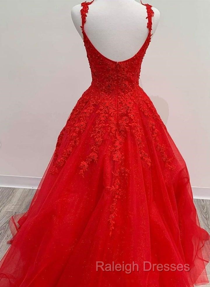 Red Tulle Lace Appliques Prom Dresses Long A-Line Prom Dresses