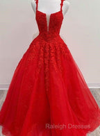 Red Tulle Lace Appliques Prom Dresses Long A-Line Prom Dresses