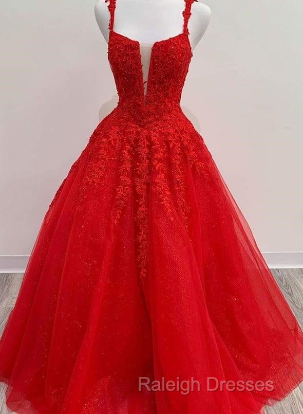 Red Tulle Lace Appliques Prom Dresses Long A-Line Prom Dresses