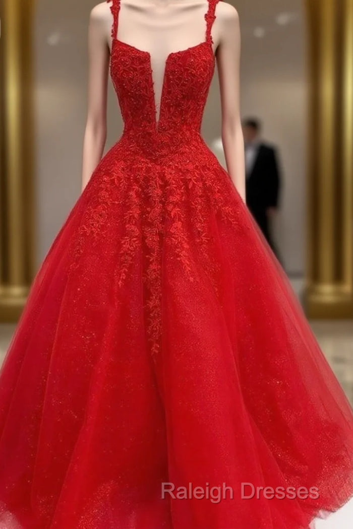 Red Tulle Lace Appliques Long Prom Dress A Line Formal Evening Dress