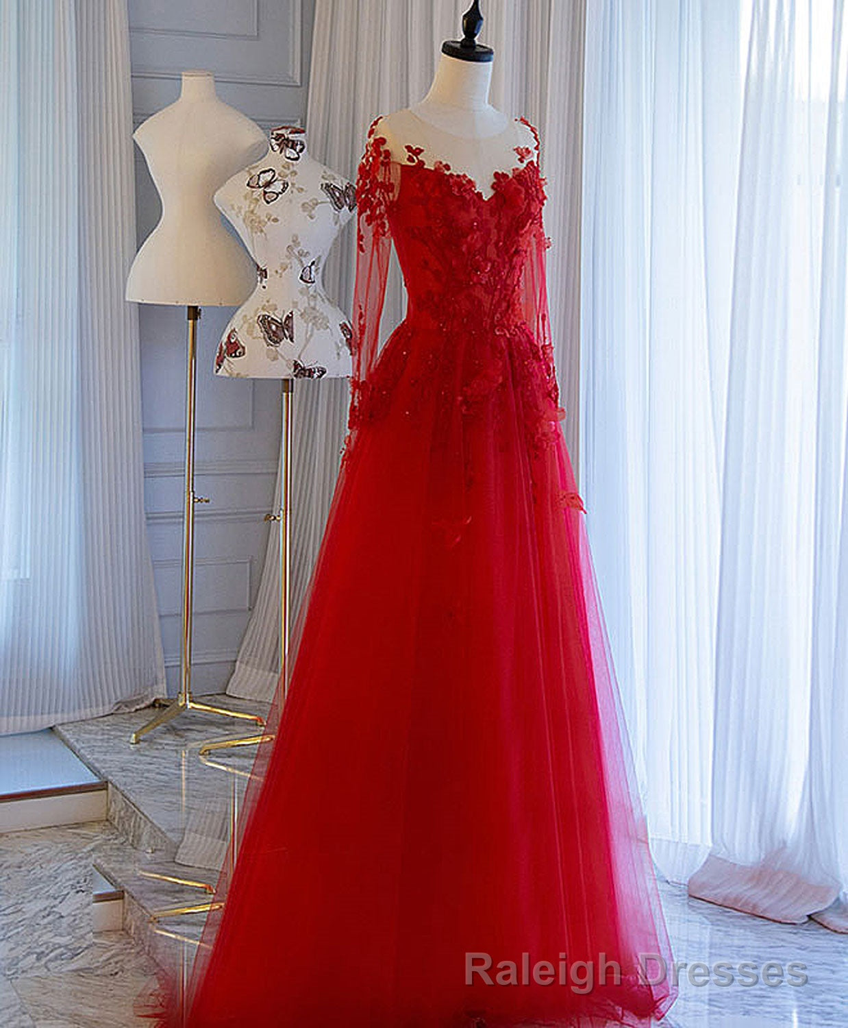 Red Tulle Lace Off Shoulder Long Prom Dress Red Lace Evening Dress Main image