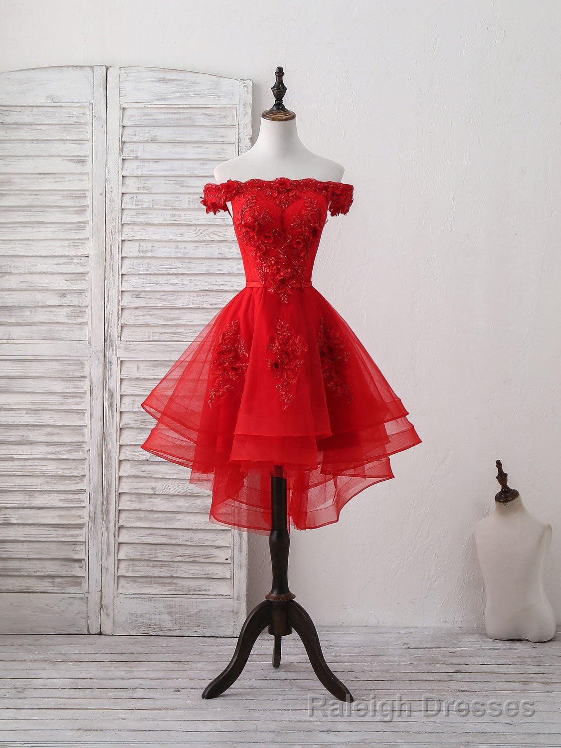 Red Tulle Lace Off Shoulder Short Prom Dress, Red Homecoming Dress Secondary image