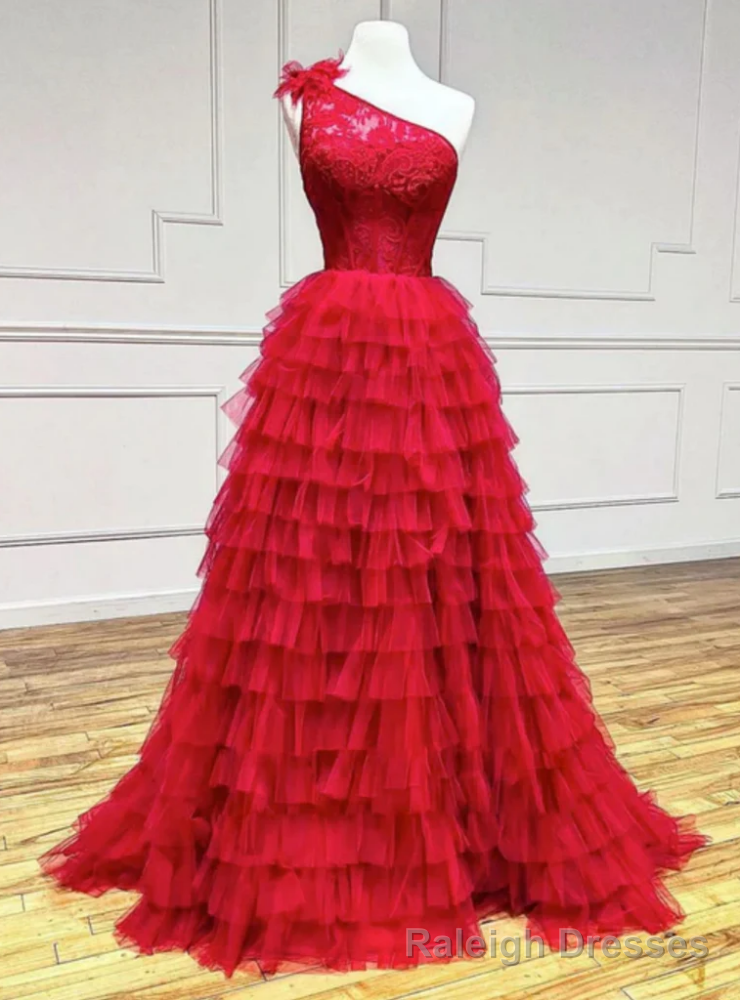 Red Tulle Lace One Shoulder Tiers Prom Dress Main image