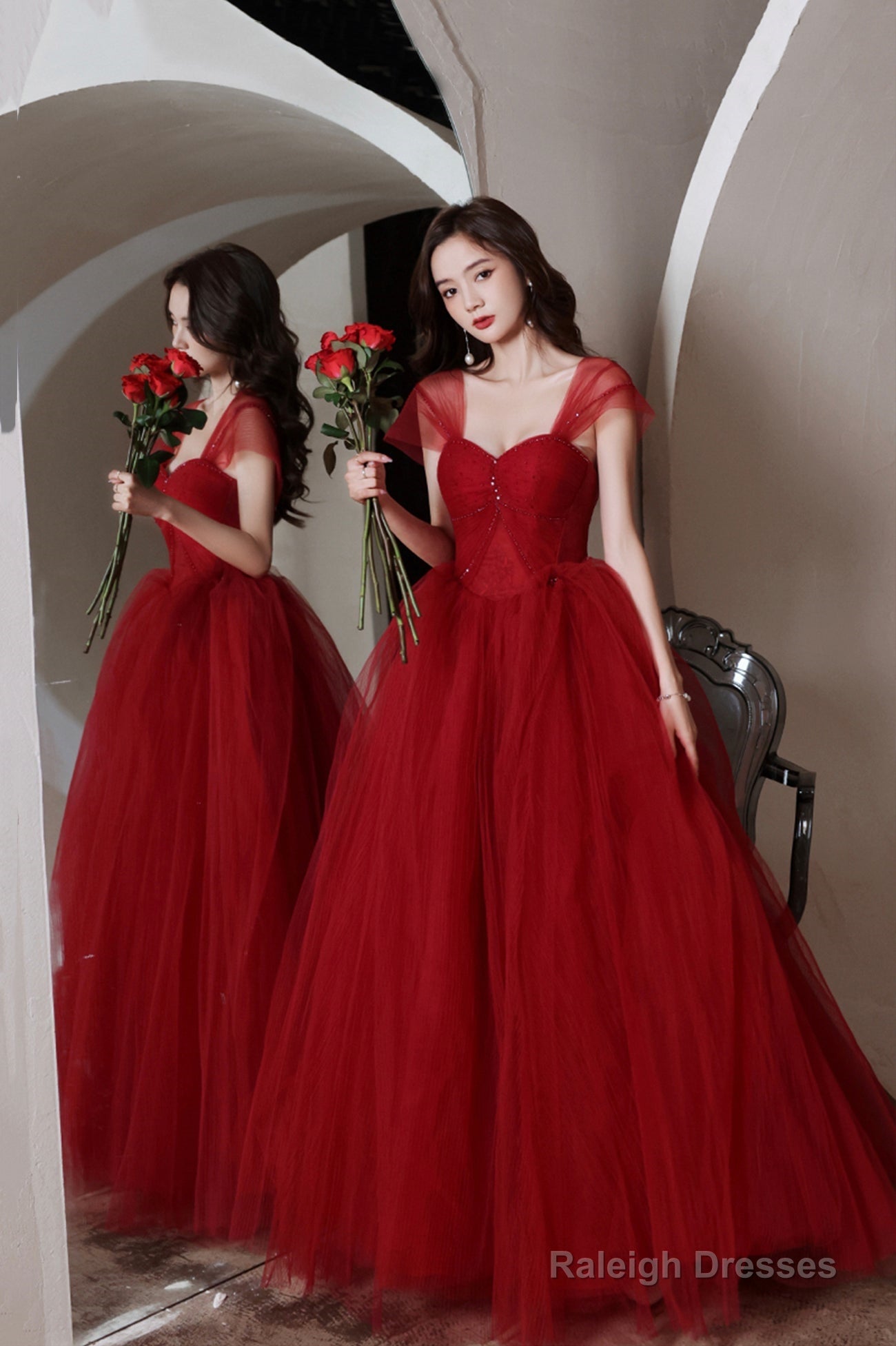 Red Tulle Long A-Line Prom Dress, Off The Shoulder Evening Graduation Dress Secondary image