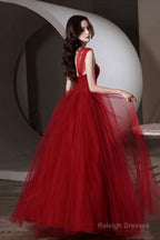 Red Tulle Long A-Line Prom Dress, Off The Shoulder Evening Graduation Dress