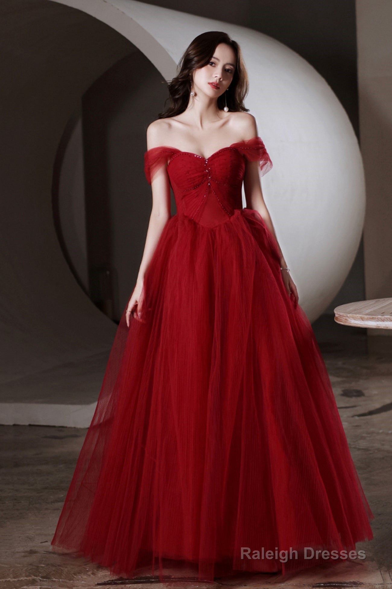 Red Tulle Long A-Line Prom Dress, Off The Shoulder Evening Graduation Dress Main image