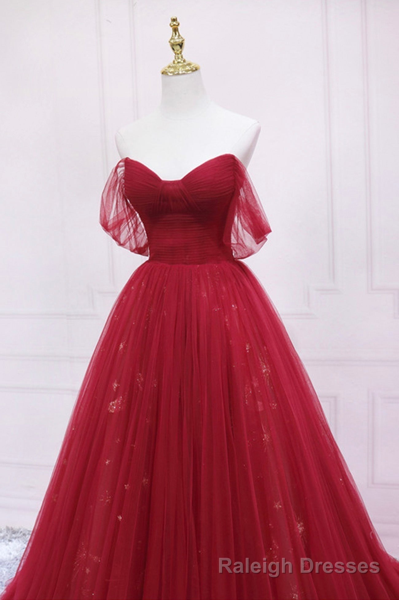 Red Tulle Long A Line Prom Dress, Off the Shoulder Formal Prom Dress