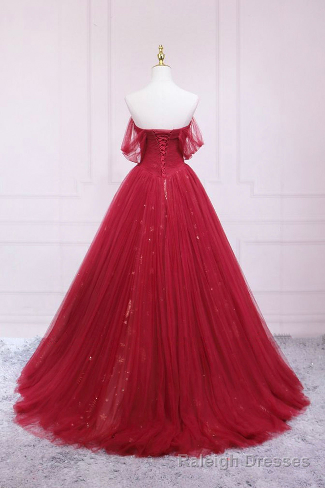 Red Tulle Long A Line Prom Dress, Off the Shoulder Formal Prom Dress