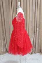 Red Tulle Long Puffy Sleeves Short Prom Dress, Red Tulle Homecoming Dress