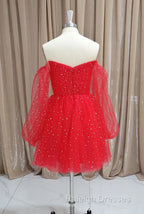 Red Tulle Long Puffy Sleeves Short Prom Dresses Red Tulle Homecoming Dresses
