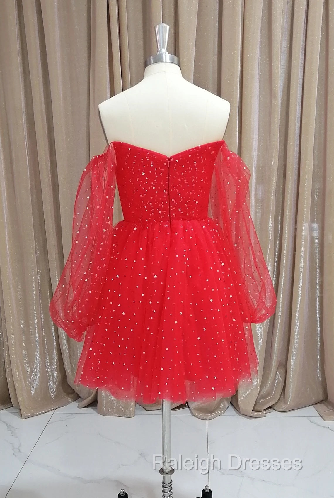 Red Tulle Long Puffy Sleeves Short Prom Dresses Red Tulle Homecoming Dresses