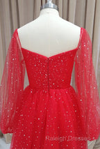 Red Tulle Long Puffy Sleeves Short Prom Dress, Red Tulle Homecoming Dress