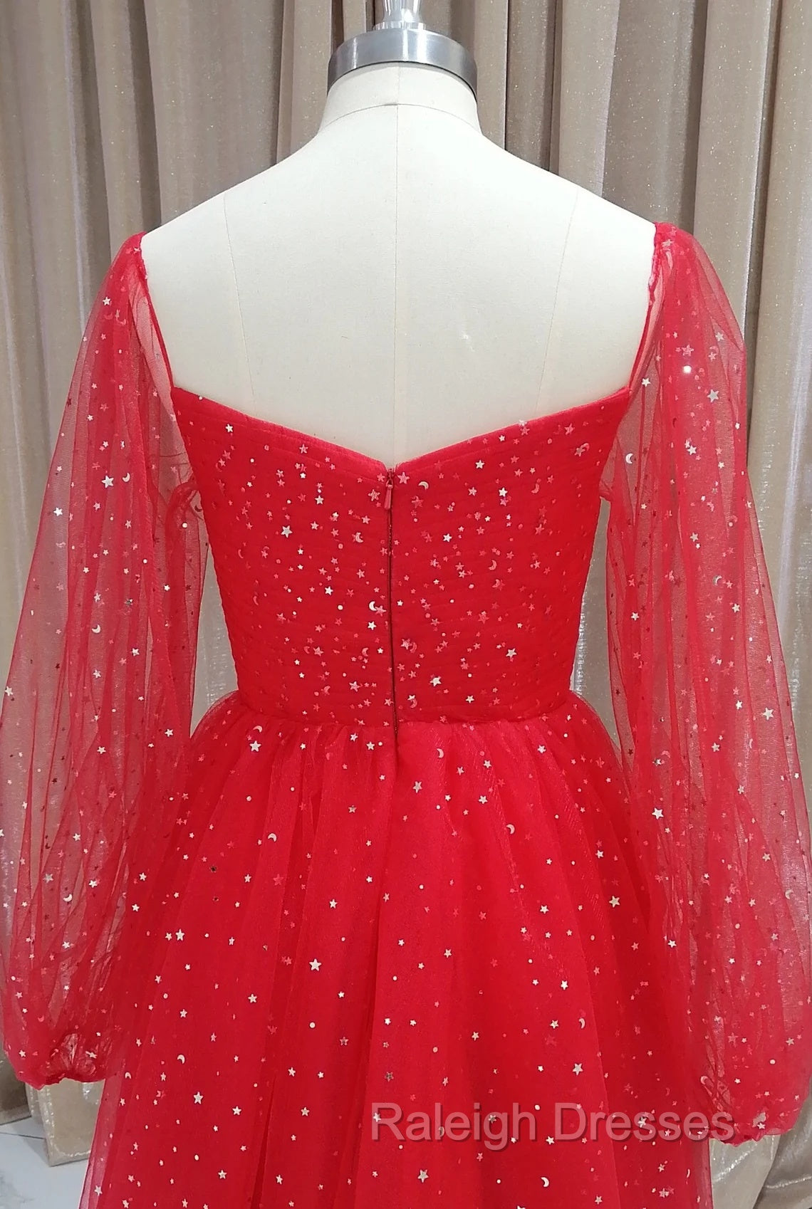 Red Tulle Long Puffy Sleeves Short Prom Dress, Red Tulle Homecoming Dress