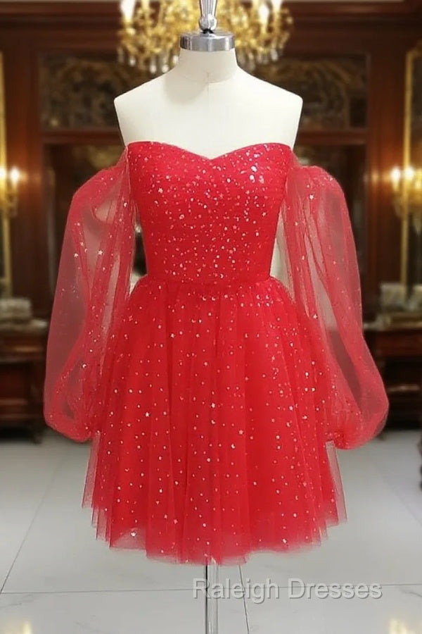 Red Tulle Long Puffy Sleeves Short Prom Dress, Red Tulle Homecoming Dress
