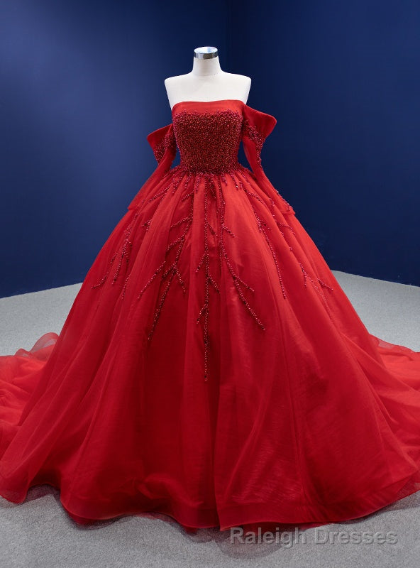 Red Tulle Long Sleeve Off the Shoulder Pearls Prom Dress Main image