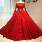 Red Tulle Long Sleeve Quinceanera Dress Lace Appliques Puffy Tulle Ball Gowns Prom Dressess Prom Dresses