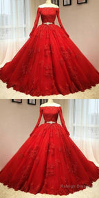 Red Tulle Long Sleeve Quinceanera Dress Lace Appliques Puffy Tulle Ball Gowns Prom Dressess Prom Dresses