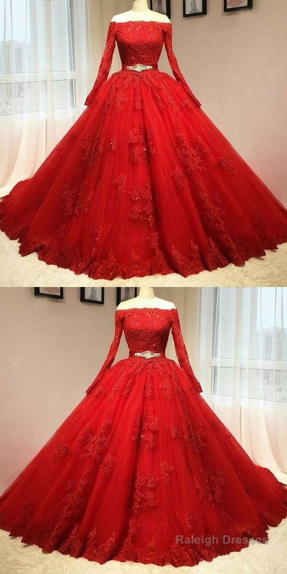 Red Tulle Long Sleeve Quinceanera Dress Lace Appliques Puffy Tulle Ball Gowns Prom Dressess Prom Dresses
