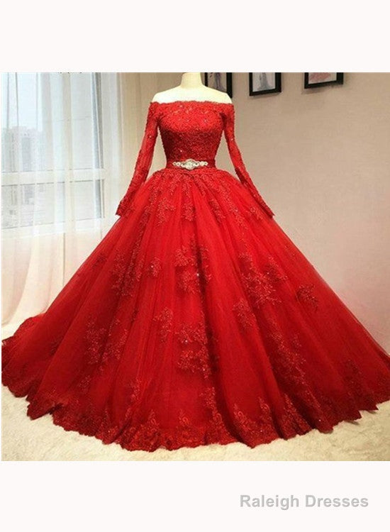 Red Tulle Long Sleeve Quinceanera Dress Lace Appliques Puffy Tulle Ball Gowns Prom Dressess Prom Dresses
