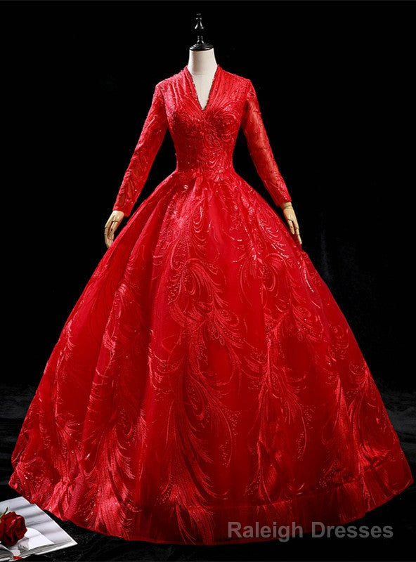 Red Tulle Long Sleeve V Neck Backless Quinceanera Dress
