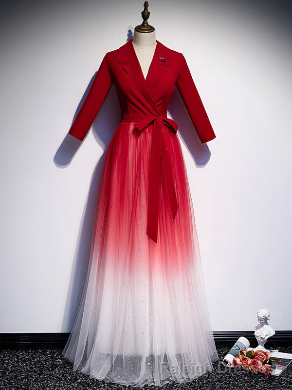 Red Tulle Long Sleeve V-neck Prom Dress Main image