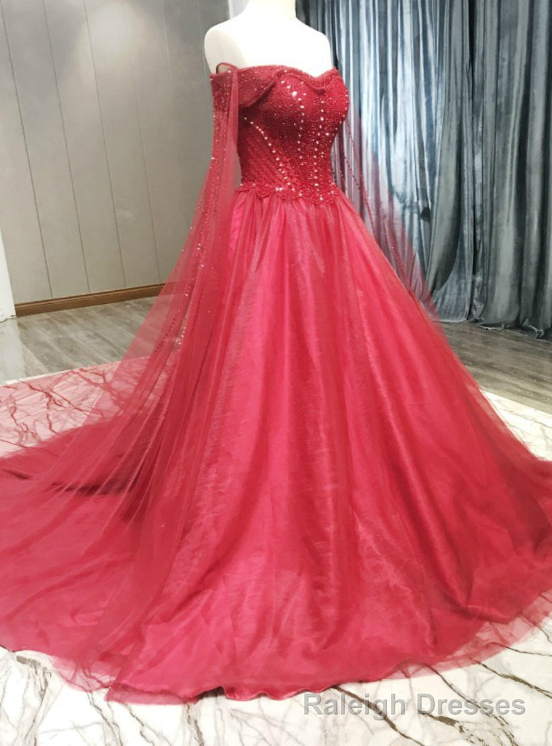 Red Tulle Off The Shoulder Beading Wedding Dress Main image