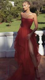 Red Tulle Prom Dress Strapless Ruffle Prom Dresses Red Prom Dresses