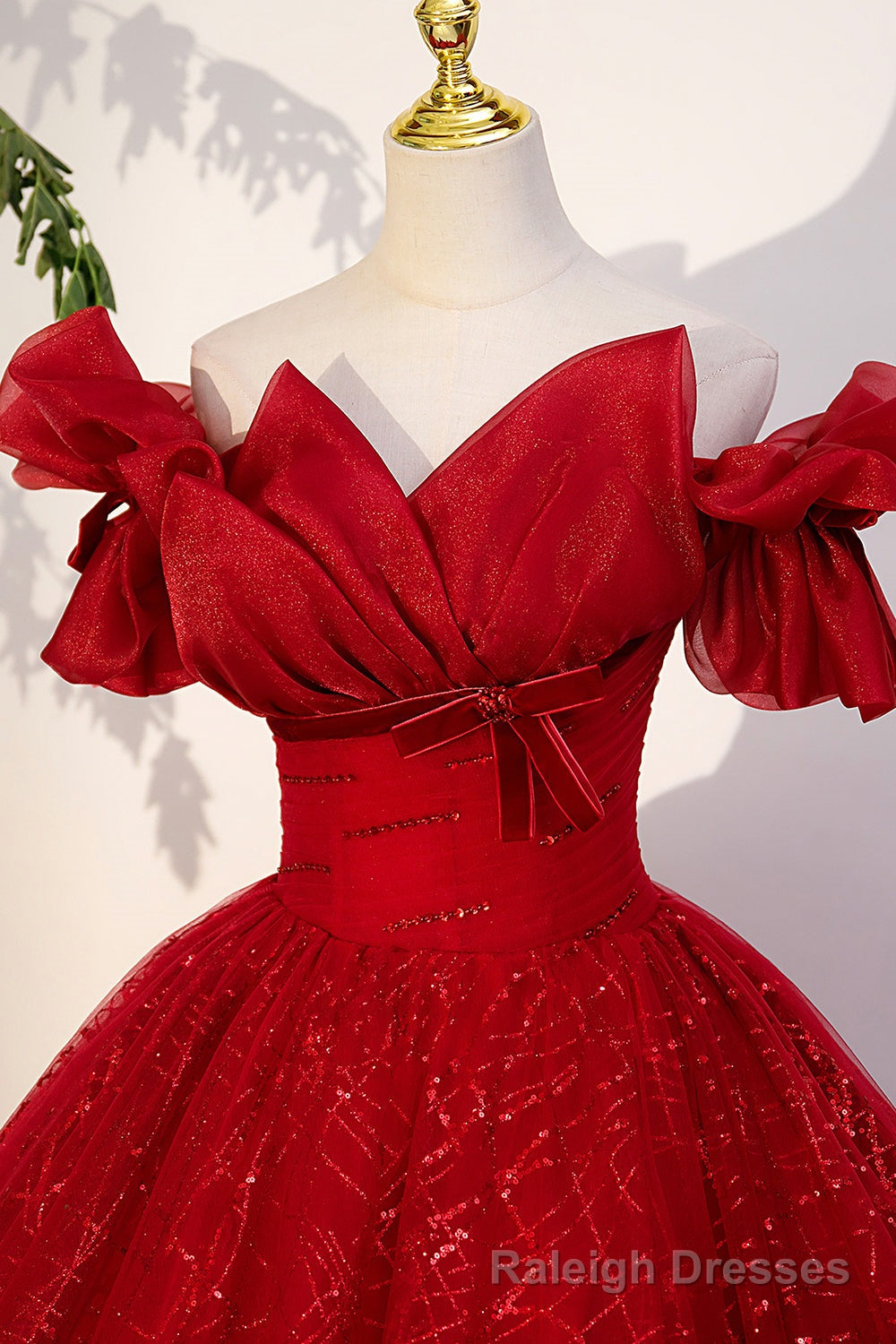 Red Tulle Sequins Long Formal Dress, Off the Shoulder Evening Dress