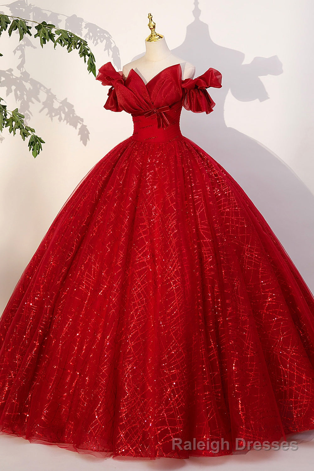 Red Tulle Sequins Long Formal Dress, Off the Shoulder Evening Dress