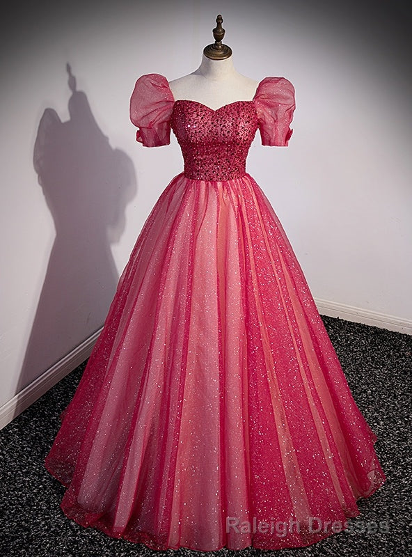 Red Tulle Sequins Puff Sleeve Prom Dress Main image