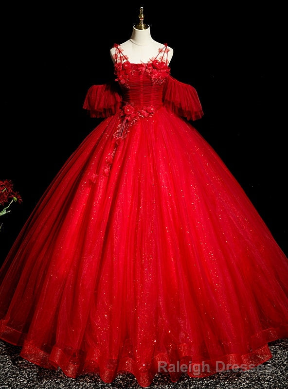 Red Tulle Sequins Straps Flower Pleats Quinceanera Dress Main image