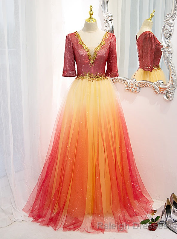Red Tulle Sequins V Neck Short Sleeve Prom Dress Main image