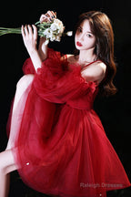 Red Tulle Short Prom Dress, A-Line Puff Sleeve Evening Party Dress