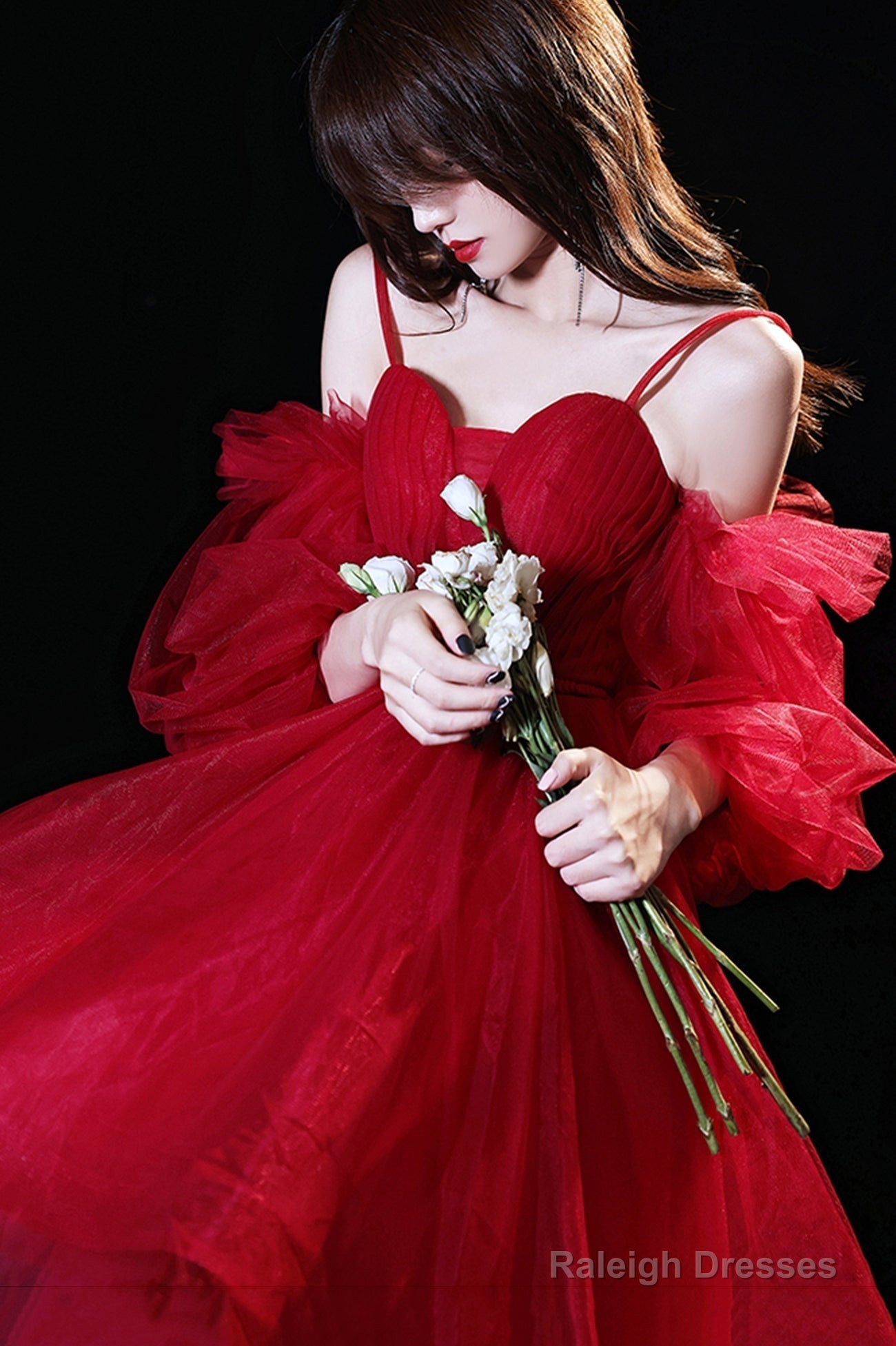 Red Tulle Short Prom Dresses A-Line Puff Sleeve Prom Dresses