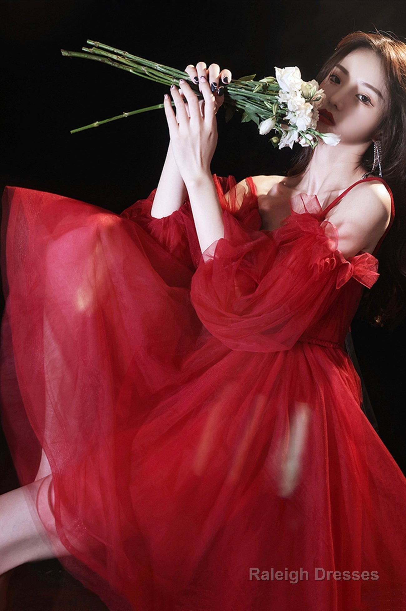 Red Tulle Short Prom Dresses A-Line Puff Sleeve Prom Dresses