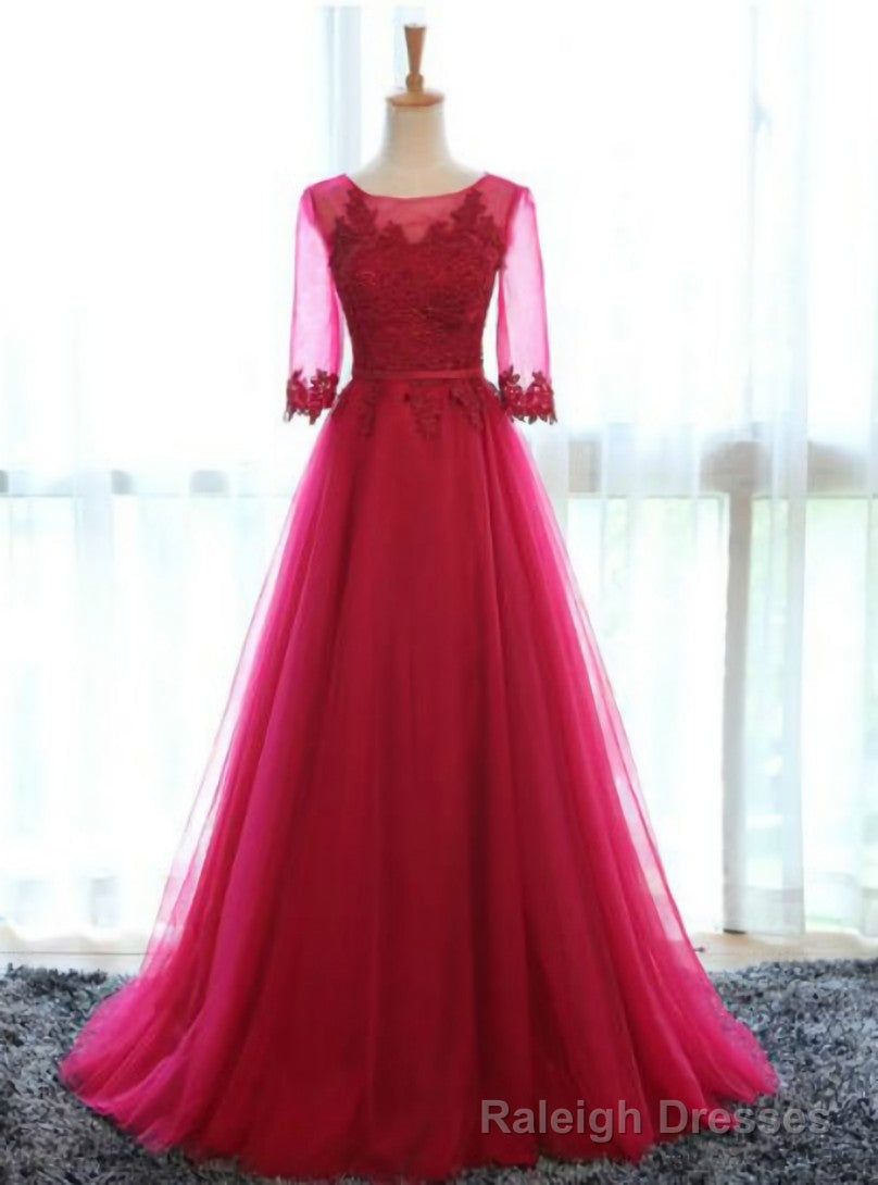 Red Tulle Short Sleeve Lace Bridesmaid Dress Main image