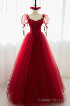 Red Tulle Short Sleeve Prom Dress, A Line Floor Length Prom Graduation Dress