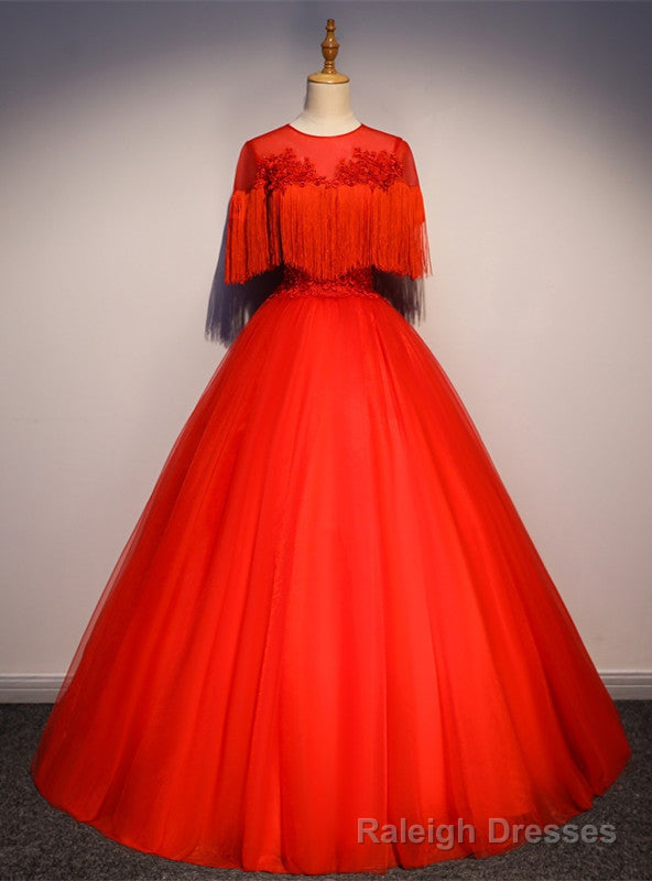 Red Tulle Short Sleeve Tassel Appliques Quinceanera Dress Main image