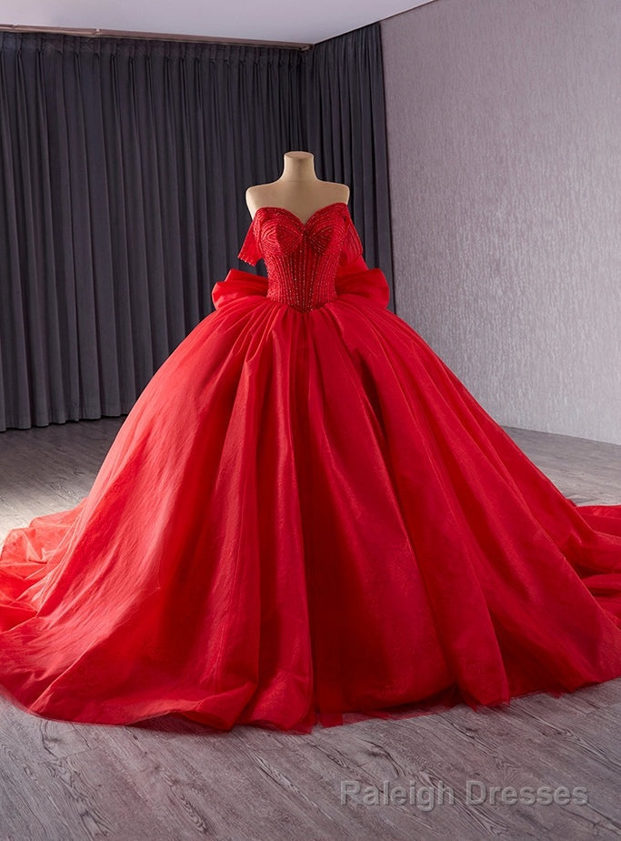 Red Tulle Strapless Pearls Prom Dress With Bow Main image