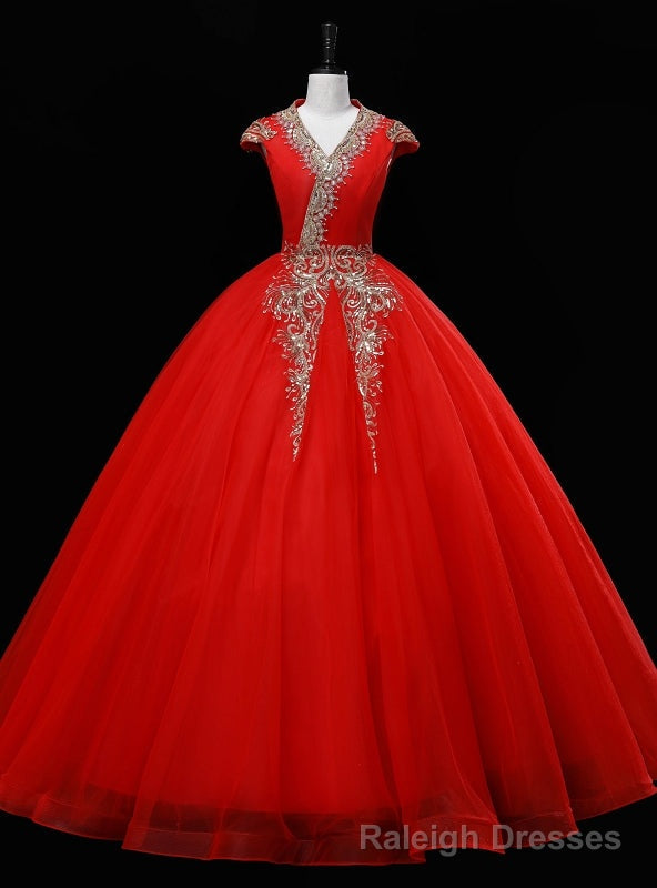 Red Tulle V-neck Cap Sleeve Sequins Beading Quinceanera Dress Main image