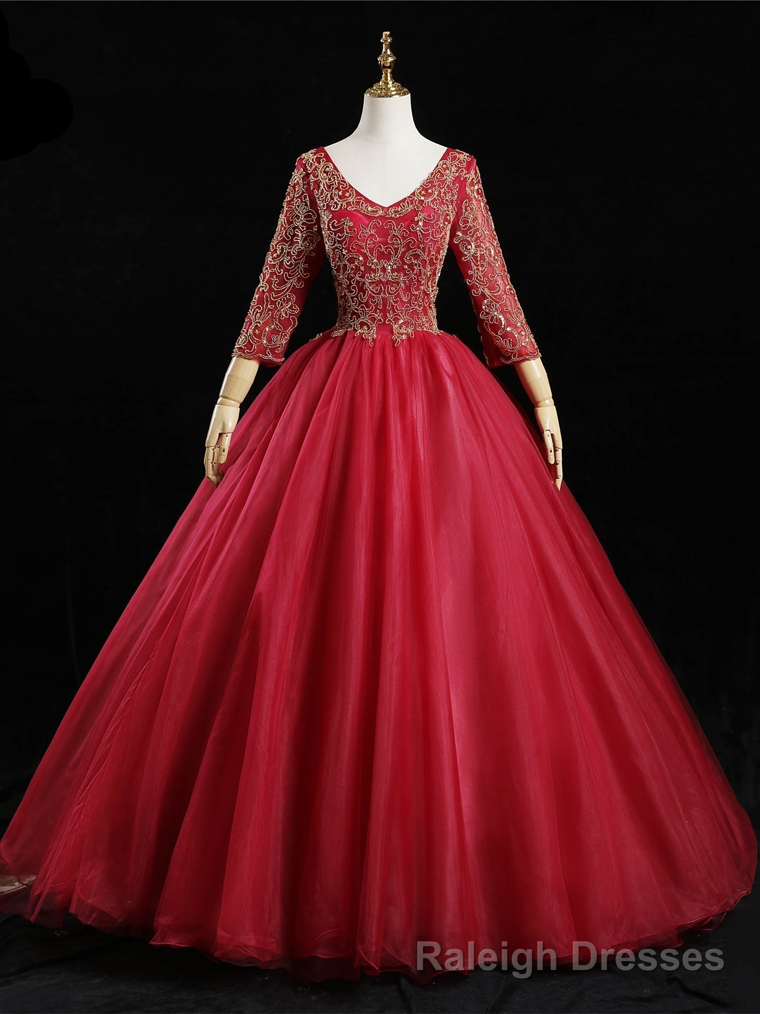 Red Tulle V Neck Long Sleeve Beading Quinceanera Dress
