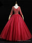 Red Tulle V Neck Long Sleeve Beading Quinceanera Dress