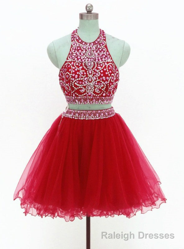 Red Two Piece Halter Tulle Backless Beading Homecoming Dress Main image
