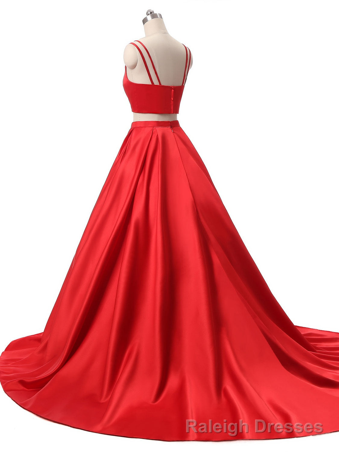 Red Two Pieces Satin Long Prom Dress, Red Satin Formal Prom Dress